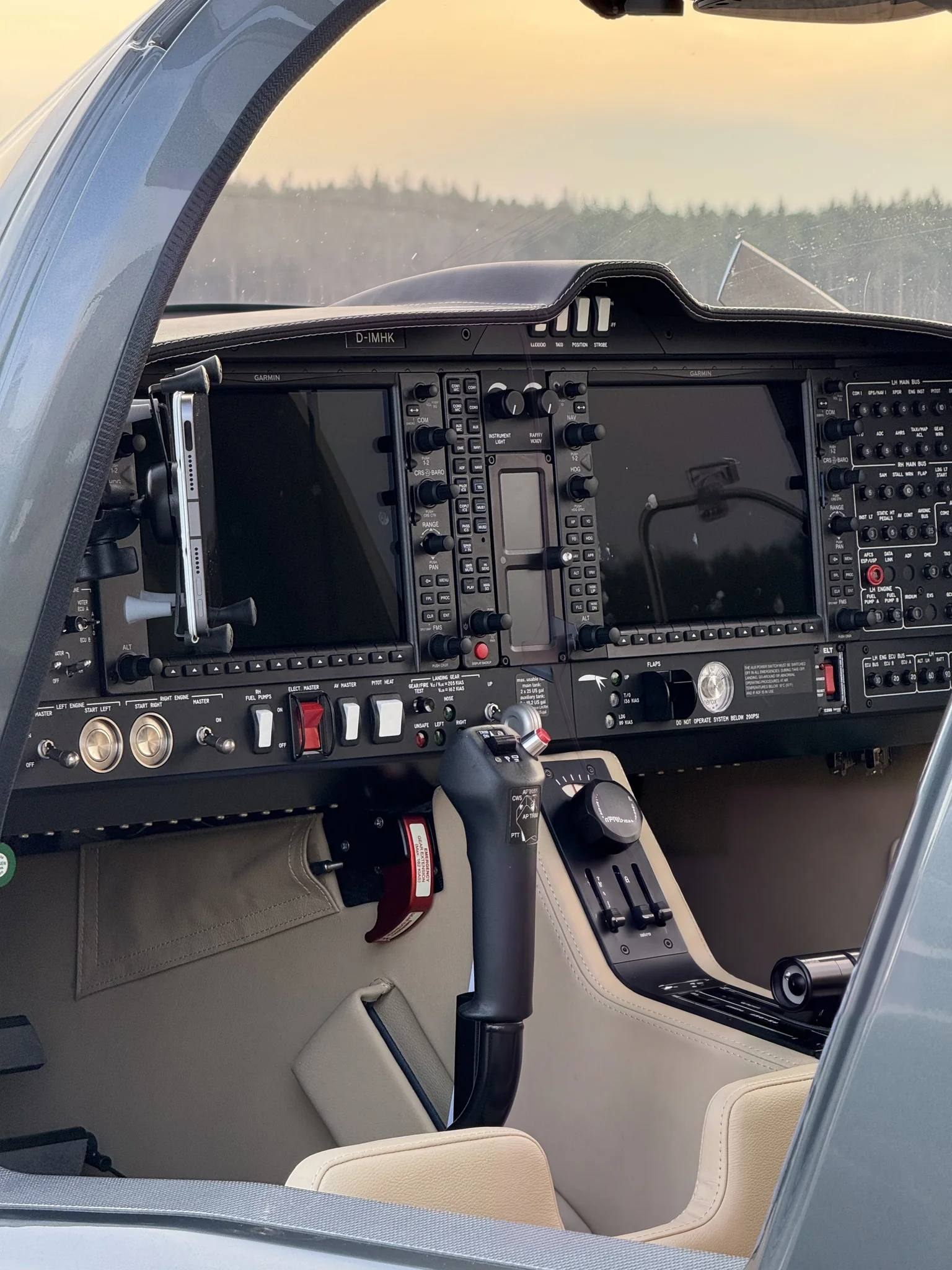 The Garmin flight deck of our DA62 at sunset