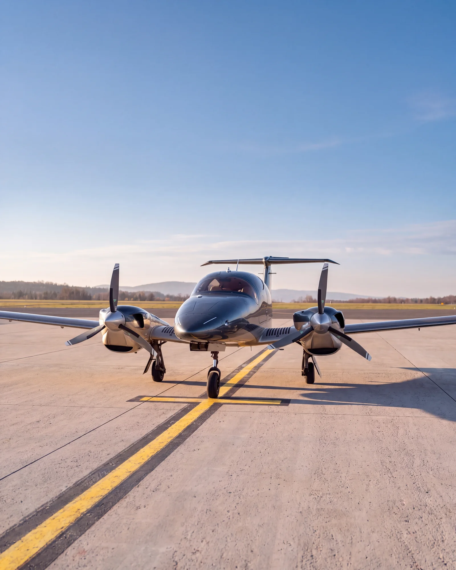 Our DA62 head-on in evening light, both engines and propellers in view
